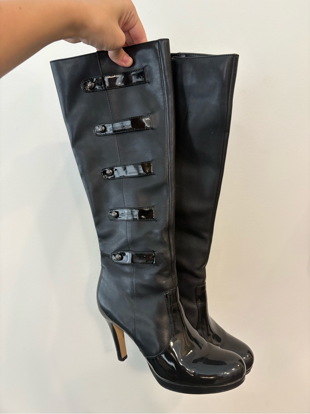 Franco Sarto Vintage Y2K Bucnle Black Knee-High Patent & Leather Heeled Boots 8